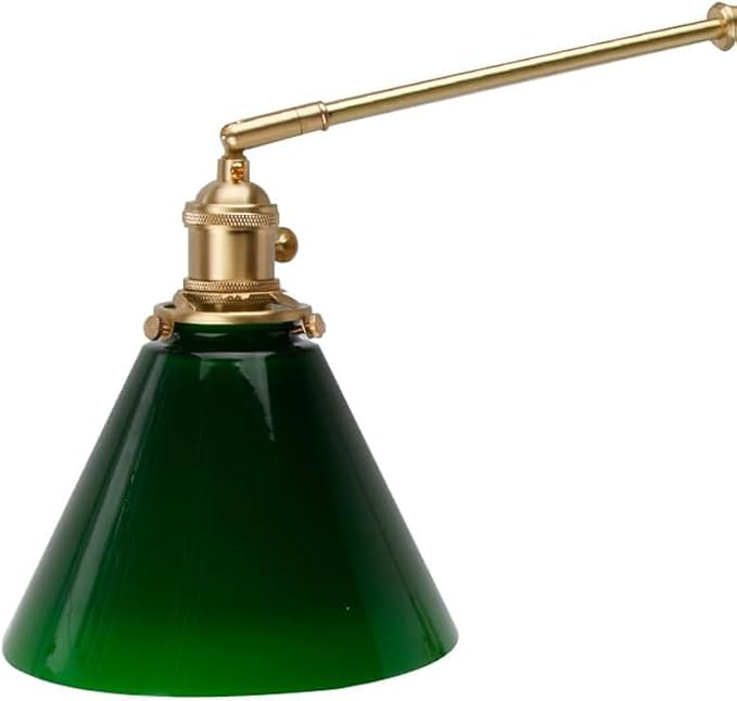 Adjustable Brass Swing Arm Wall Light - Retro Green Glass with Zip Switch, Perfect for Bedroom Bedside Reading, E27 Compatible, Vintage Style Lighting