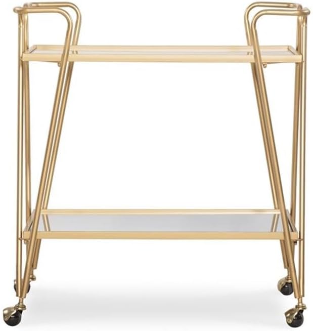 Allora Mid-Century Bar Cart, 30" x 17.38" x 31.75", Gold Finish, Iron and Mirrored Shelves, 2-Tier Design with Castors, Rustic Glam Style, Storage Accent for Entertaining and Home Use