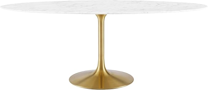 Modway Lippa 78" Oval-Shaped Mid-Century Modern Dining Table with Artificial Marble Top and Gold Base