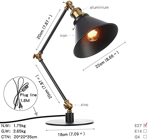 Industrial Metal Desk Lamp with Adjustable Swing Arm - Vintage Bedside Table Light for Bedroom, Retro Cafe Reading Lamp in Black and Gold Finish