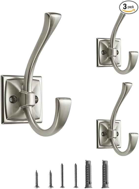 3 Pack Decorative Heavy Duty Towel Hooks for Hanging Robe Double Satin Nickel Coat Hooks Wall Mounted with Screws for Key, Towel, Bags, Cup, Hat