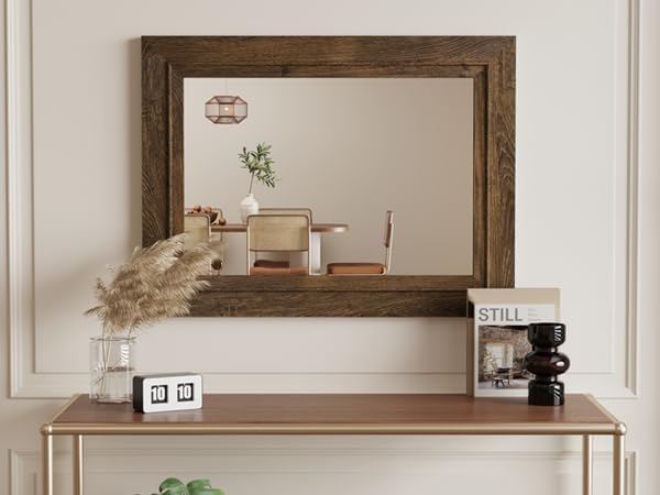 Rustic Wall-Mounted Vanity Mirror, Solid Wood Frame Bathroom Mirror, Farmhouse Style for Living Room, Bedroom, Entryway, Horizontal/Vertical Hanging