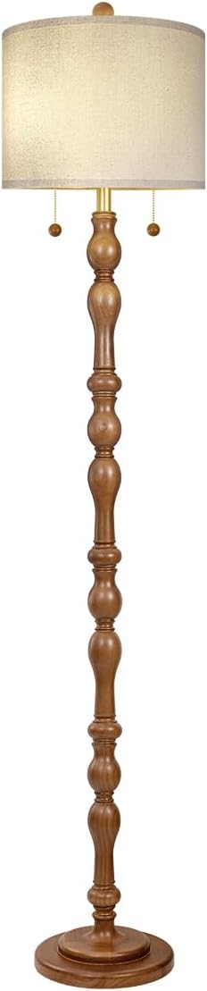 Scenekoy 65.5 Natural Real Wood Floor Lamp for Living Room Bedroom, Dual Pull Chains Switch, Wooden Base, Rustic Farmhouse Standing Floor Lamp with Linen Shade for Living Room Bedroom Office