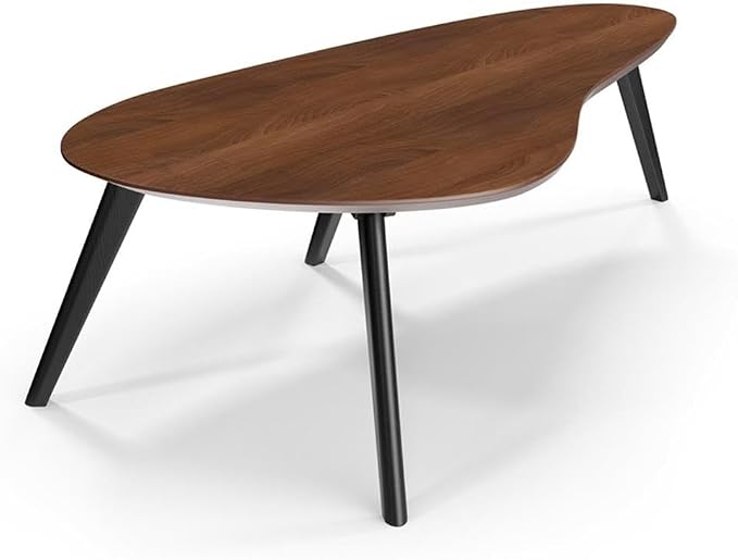 Pemberly Row Mid-Century Contemporary Coffee Table, Kidney-Shaped Walnut Veneer Top, Solid Wood Base and Tapered Legs, 47" W x 23" D x 15" H, Artistic Design for Living Room