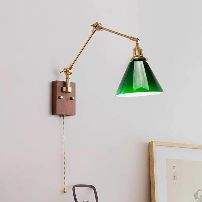 Adjustable Brass Swing Arm Wall Light - Retro Green Glass with Zip Switch, Perfect for Bedroom Bedside Reading, E27 Compatible, Vintage Style Lighting