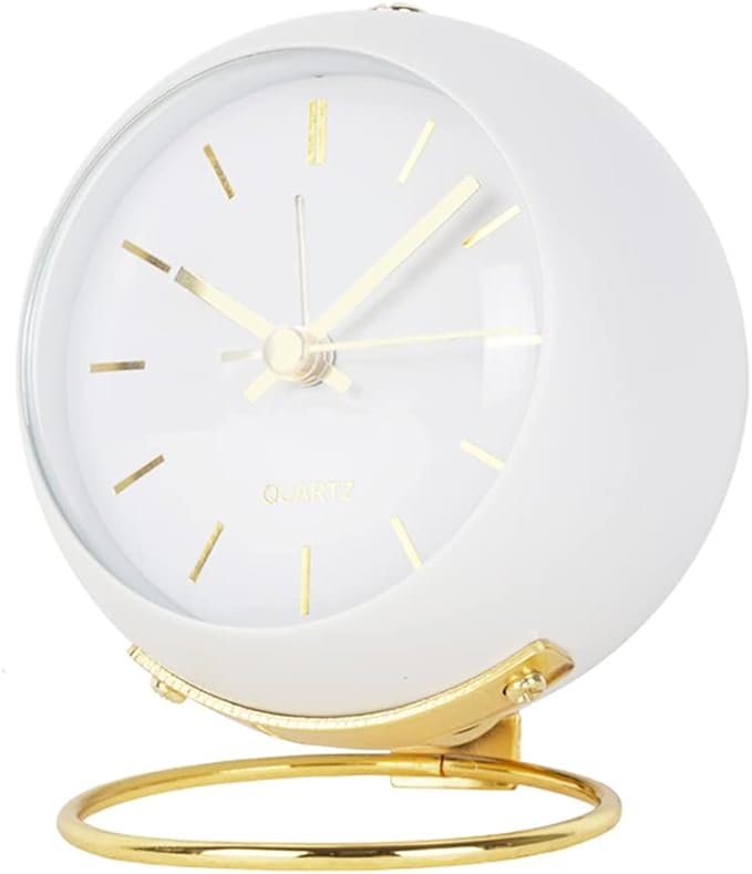 SHISEDECO Small Tableclocks Classic Non-Ticking Tabletop Alarm Clock with Night Light, Battery Operated Deskclock with HD Glass for Living Room Bedroom Bedside Indoor Decor (RN-White)