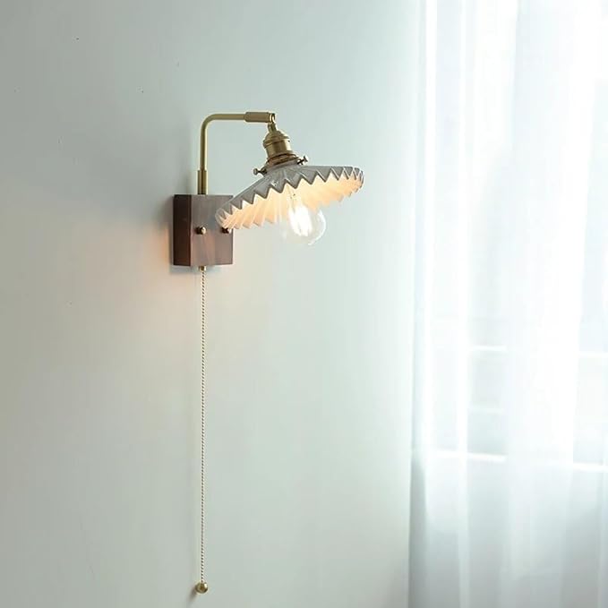 Adjustable Swing Arm Wall Lamp - Modern Walnut Base & Brass e, Retro Design with Pull Chain, Perfect for Bedroom & Living Room Lighting (White)