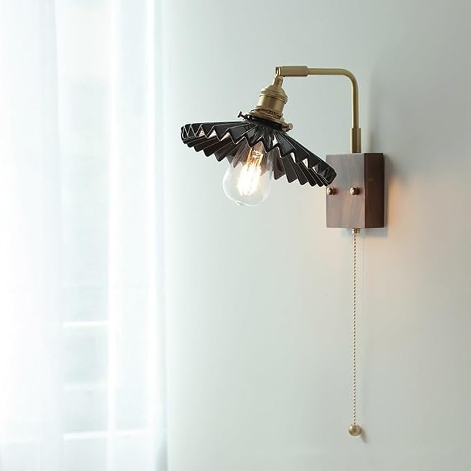 Adjustable Retro Brass Pleated Wall Sconce with Walnut Base - Stylish Swing Arm Lamp for Bedroom, Living Room & Study - Pull Chain Switch Lighting Fixture (Black)