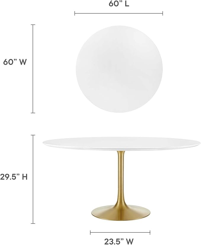 Modway Lippa 60" Mid-Century Modern Dining Table with Round White Top and Pedestal Base in Gold White