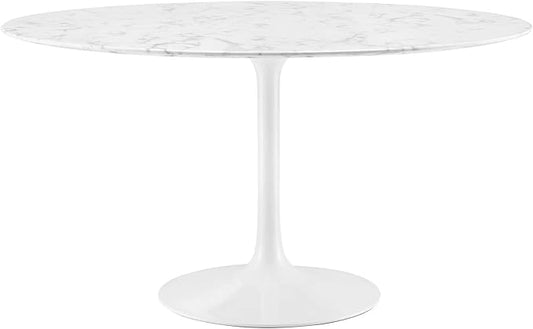 Modway Lippa Round 54" Mid-Century Modern Artificial Marble Dining Table in White