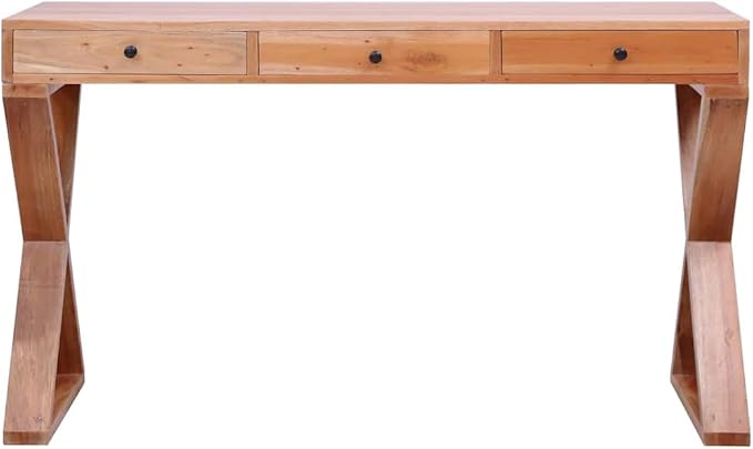 Solid Mahogany Wood Computer Desk with 3 Drawers, Rectangular Writing Table for Home Office, Medium Study Workstation, Stained Brown Finish