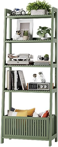 Bamjoy Bamboo Ladder Bookcase, Bookshelf with 4 Display Shelves and 1 Open Storage Basket, Storage Rack Organizer for Home Office, 66” H Forest Green