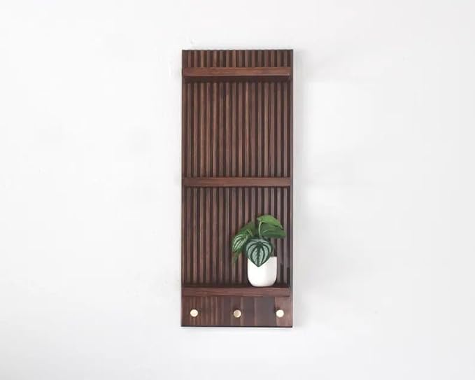 Mid‑Century Vertical Fluted Wall Shelf with Brass Knobs, 3‑Tier Dark Walnut Wood Wall‑Mount Organizer, Decorative Floating Display Rack for Plants Jewelry Home Decor