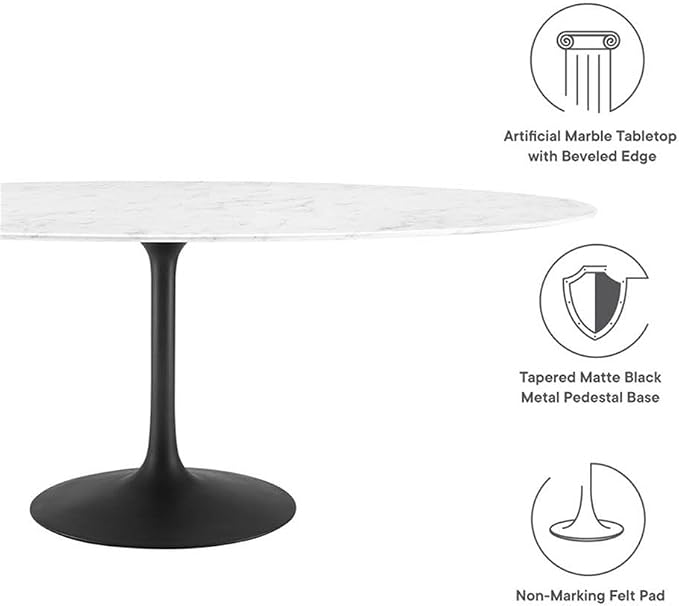 Modway Lippa 78" Oval-Shaped Mid-Century Modern Dining Table with Artificial Marble Top and Black Base