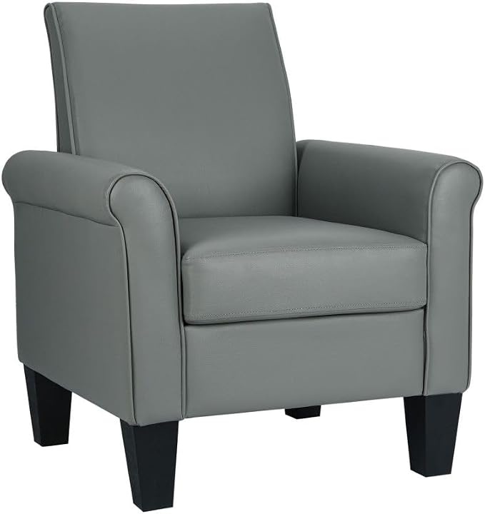 Mid-Century Modern Accent Chair, Overstuffed Leather Chairs for Living Room,Upholstered Comfy Club Chair Fake Faux Leather Armchair for Bedroom Apartment Office Lounge, PU Leather, Grey
