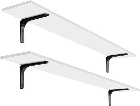 DINZI LVJ Long Wall Shelves, 55.1Inch Wall Mounted Shelves Set of 2, Extra Large Floating Storage Ledges with Sturdy Metal Brackets for Living Room, Bathroom, Bedroom, Kitchen, White