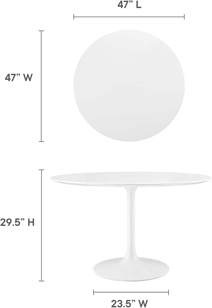 Modway Lippa 47" Mid-Century Modern Dining Table with Round Top and Pedestal Base in White