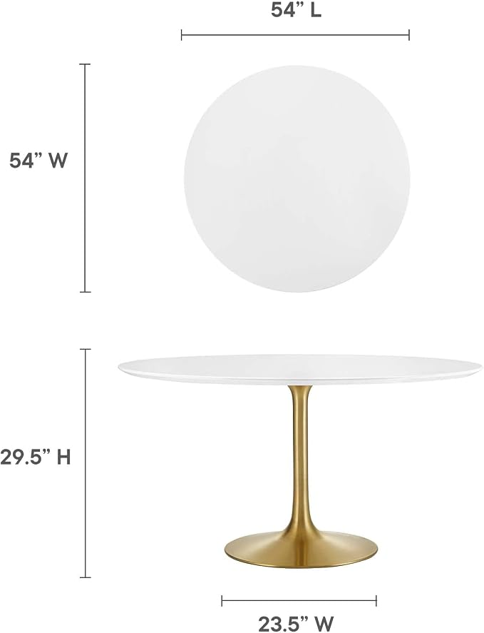 Modway Lippa 54" Mid-Century Modern Dining Table with Round White Top in Gold White