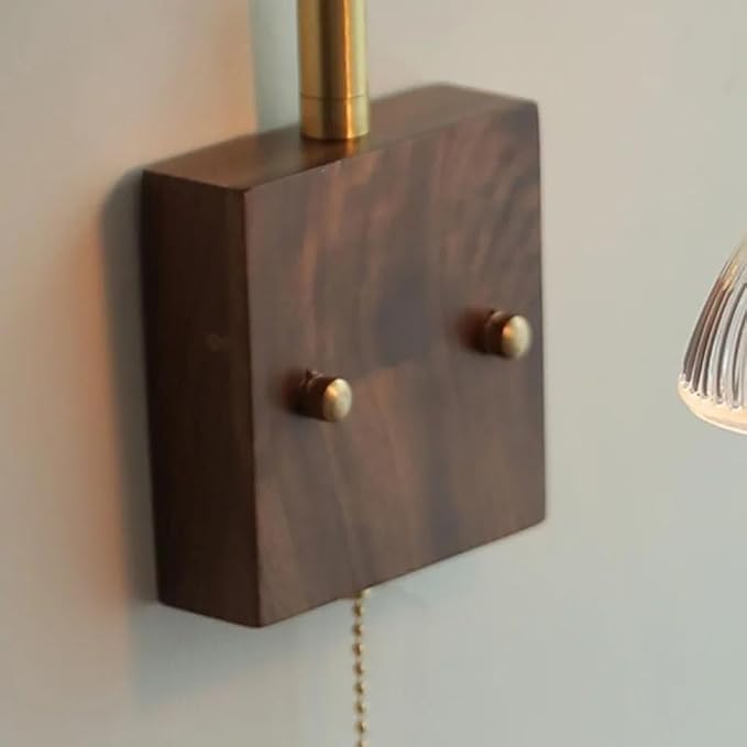 Adjustable Retro Brass Pleated Wall Sconce with Walnut Base - Stylish Swing Arm Lamp for Bedroom, Living Room & Study - Pull Chain Switch Lighting Fixture (Black)