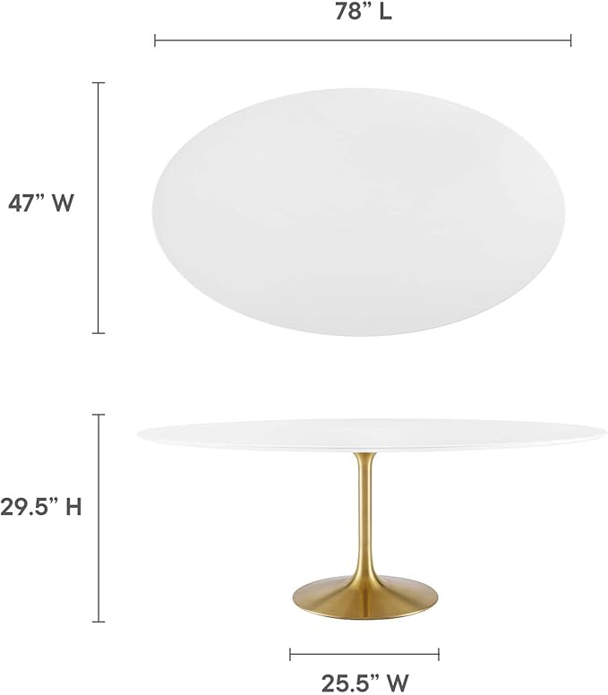 Modway Lippa 78" Oval-Shaped Mid-Century Modern Dining Table with White Wood Top and Gold Base