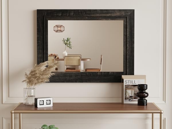 Rustic Wall-Mounted Vanity Mirror, Solid Wood Frame Bathroom Mirror, Farmhouse Style for Living Room, Bedroom, Entryway, Horizontal/Vertical Hanging