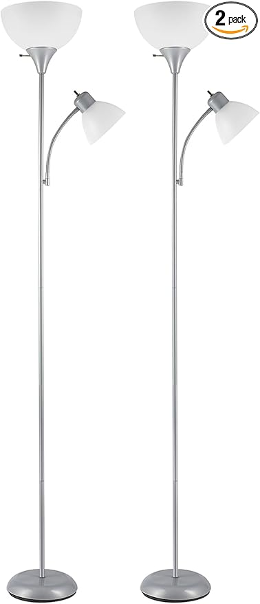GLOBE Electric 67134 72" Torchiere Floor Lamp and Adjustable Reading Light, Silver, Frosted Shade, Dual Rotary Switch, 3-Step Dimming, Modern Lighting for Living Room or Office, Timeless (Pack of 2)