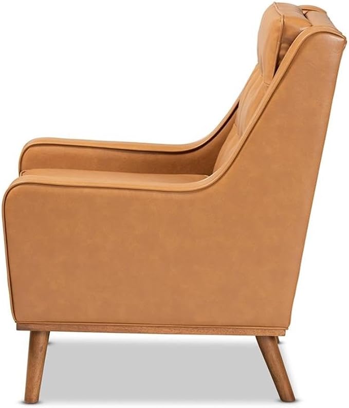 BOWERY HILL Lounge Armchair, Tan Faux Leather Upholstery, Walnut Brown Finished Wood, Button-Tufted Backrest, Removable Seat Cushion, Mid-Century Style, 37.2" H x 27.6" W x 34.1" D Accent Chair for