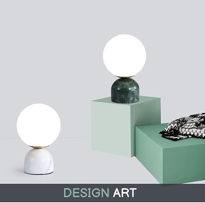 Meefad Globe Bedside Lamp, Modern Cute Night Light with Glass Shade, Marble Base, Small Table Lamp for Bedroom - White