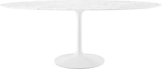 Modway Lippa 78" Oval-Shaped Mid-Century Modern Dining Table with Artificial Marble Top and White Base