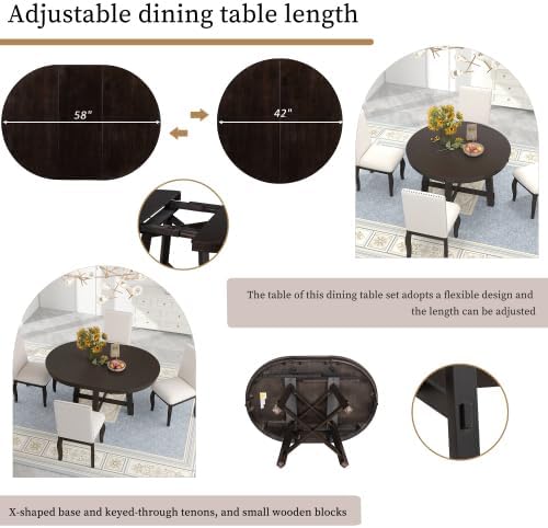 Bellemave 42"-58" Extendable Dining Table for 4-6, Solid Wood Oval Dining Kitchen Table with Removable Leaf, Farmhouse Circle Desk for Kitchen Living Room Space Saving (Espresso)
