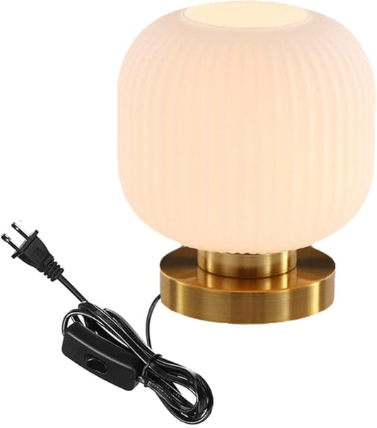 mid Century Modern Table lamp Gold Desk lamp White Ribbed Glass Shade Globe Table lamp nightstand lamp Small Table lamp for Bedside end Table Bedroom Living Room Office