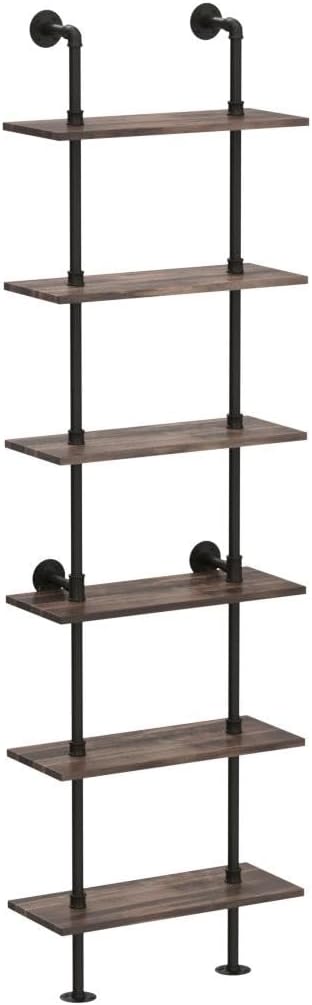 HOMBAZAAR Industrial Pipe Bookshelf,6 Tier Pipe Shelving,Wall Mounted Ladder Shelves with Metal Frame for Home Office,Living Room,Oak Brown