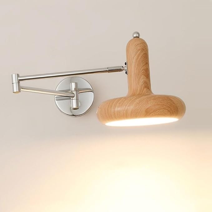 Walnut Swing Arm Lamp - Industrial Folding Swivel Reading Light for Bedroom, Study & Living Room Decor - Retro Bedside Table & Background Wall Lighting (Log Grain)