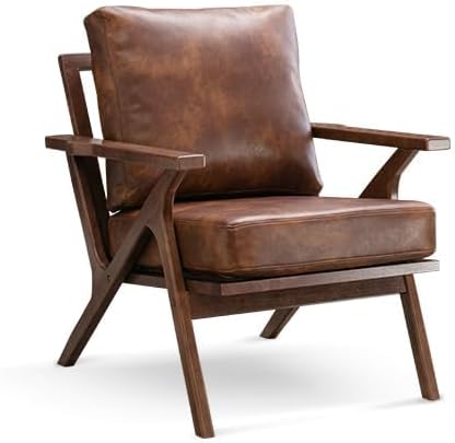 Bonzy Home Faux Leather Accent Chair for Living Room,Upholstered Armchair with Cushions and Solid Wood Frame, Mid-Century Modern Lounge Chair for Bedroom or Office