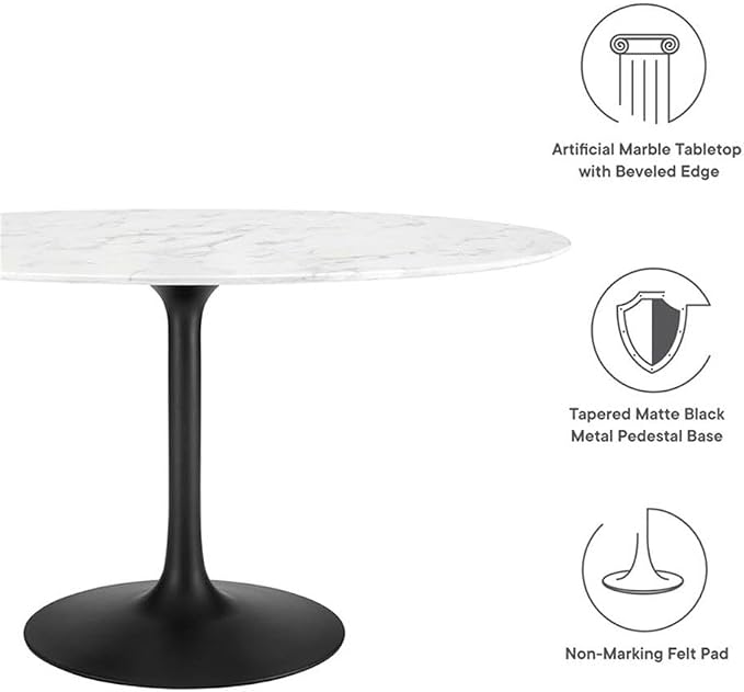 Modway Lippa 54" Oval-Shaped Mid-Century Modern Dining Table with Artificial Marble Top and Black Base