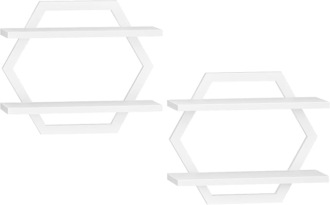 CHOEZON Hexagon Floating Shelves for Wall, Set of 2, 2 -Tier Hanging Shelves, Wall Mounted Storage Shelves, for Living Room, Bedroom, Kitchen, Home Office, Study, White TBJ06P2WB