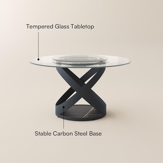 POVISON 51" Modern Round Dining Table with Lazy Susan, Glass Round Kitchen Table for 4, Tempered Glass Dining Room Table top with Black X Carbon Steel Base (Dining Table Only)