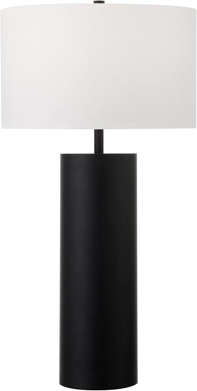 Henn&Hart 29.5" Mid-Century Modern 1-Light Table Lamp with White Fabric Drum Shade for Living Room, Bedroom, or Office, Black