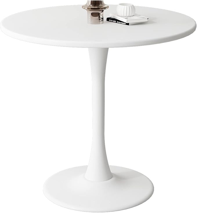 Round Dining Table 31.5" Circle Tulip Table with Wood Thickened Tabletop & Sturdy Metal Pedestal Mid Century Modern Leisure Bistro Kitchen Tables 4 People Small Places Living Room Cafe,White