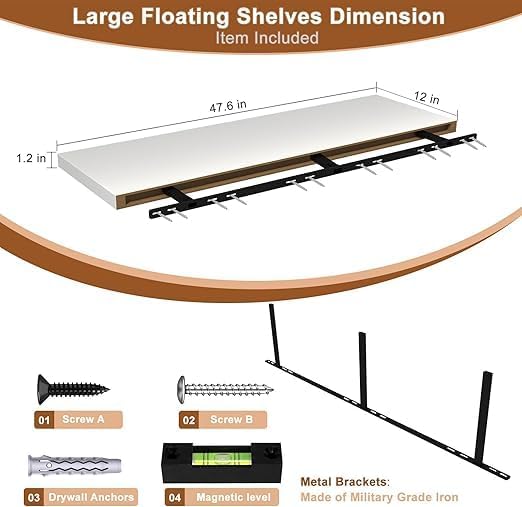 Large Floating Shelves for Wall 1 Pack Deep Floating Shelves No Drilling Accessories Included Deep Wall Shelves for Living Room Kitchen Farmhouse 48" W x 12" D x 1.2" H White