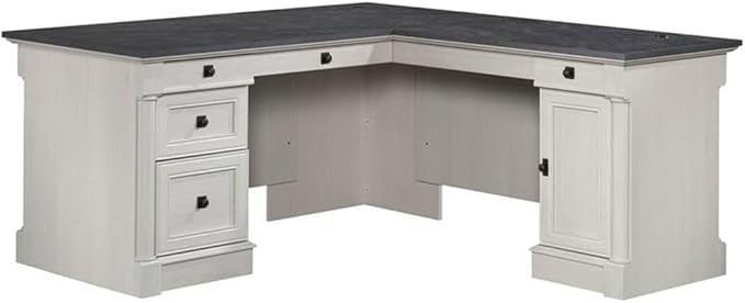 Bowery Hill L-Shaped Engineered Wood Desk, Glacier Oak/Rosso Slate Finish, 68.74"W x 65.11"D x 29.60"H, Multiple Drawers, File Storage, Adjustable Shelf, Grommet Holes, Home Office Computer Workspace