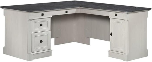 Bowery Hill L-Shaped Engineered Wood Desk, Glacier Oak/Rosso Slate Finish, 68.74"W x 65.11"D x 29.60"H, Multiple Drawers, File Storage, Adjustable Shelf, Grommet Holes, Home Office Computer Workspace
