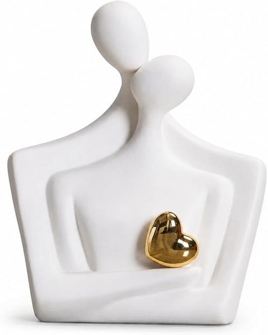 Ceramic Hugging Couple Statue with Gold Heart - Lover Figurine Home Decor Aesthetic, Romantic Gift for Her on Wedding Anniversaries and Valentine's Day Decor for Living Room Bedroom Shelf