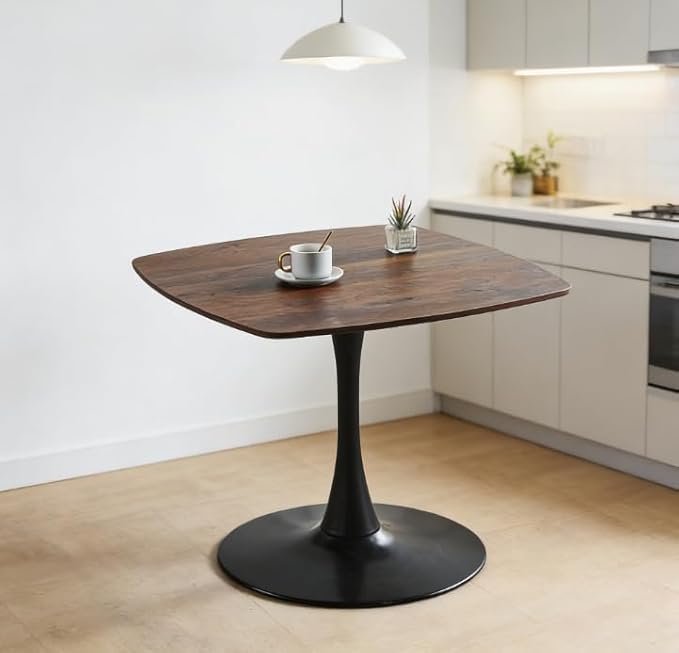 31.5" Walnut Tulip Table, Square Dining Table for 4, Mid Century Walnut Kitchen Table with Metal Pedestal for Cafe, Living Room, Small Space