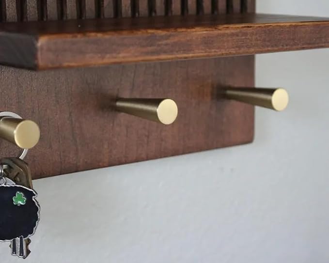 Mid‑Century Vertical Fluted Wall Shelf with Brass Knobs, 3‑Tier Dark Walnut Wood Wall‑Mount Organizer, Decorative Floating Display Rack for Plants Jewelry Home Decor