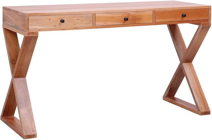 Solid Mahogany Wood Computer Desk with 3 Drawers, Rectangular Writing Table for Home Office, Medium Study Workstation, Stained Brown Finish