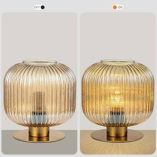 Mid Century Modern Globe Table Lamp, Amber Glass Table Lamp Vintage Bedside Lamp Gold Nightstand Lamp Ribbed Lantern Design, Small Side Table Lamps Decorative Desk Lamp for Bedroom Living Room Office