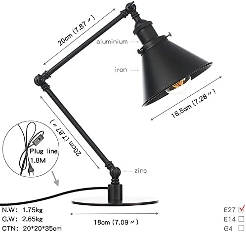 Industrial Metal Task Table Lamp - Adjustable Swing Arm Vintage Desk Lamp for Bedroom, Bedside Night Light, Retro Cafe Reading Light in Black & Gold Finish