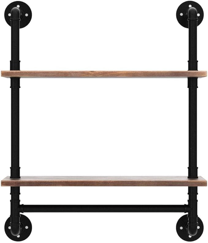 ROGMARS 2 Tier 24" Extra Deep Industrial Pipe Floating Wall Shelves | Rustic Pine Wood Pipe Bathroom Shelves with Towel Bar | Industrial Pipe Shelving for Small Space Storage