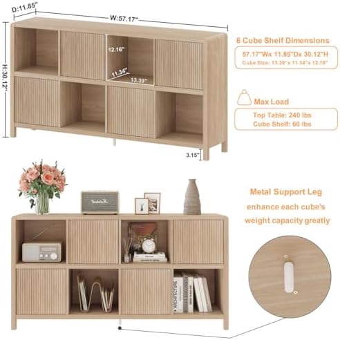 FATORRI 8 Cube Bookshelf with 4 Doors and 5 Cube Bookcase for Home Office (Light Walnut)